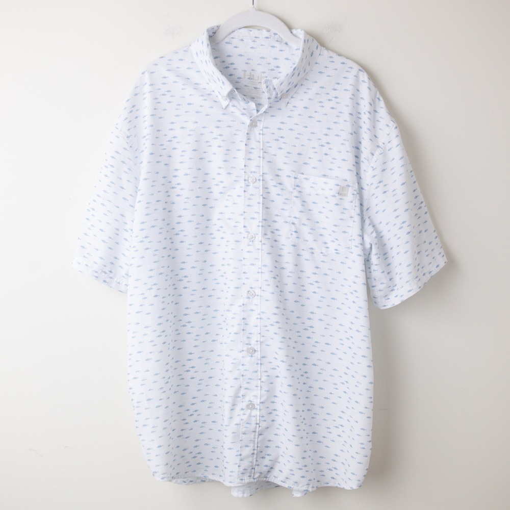 Huk Fishing Shirt Mens XL White Fish Print Tuna School Teaser Button Down